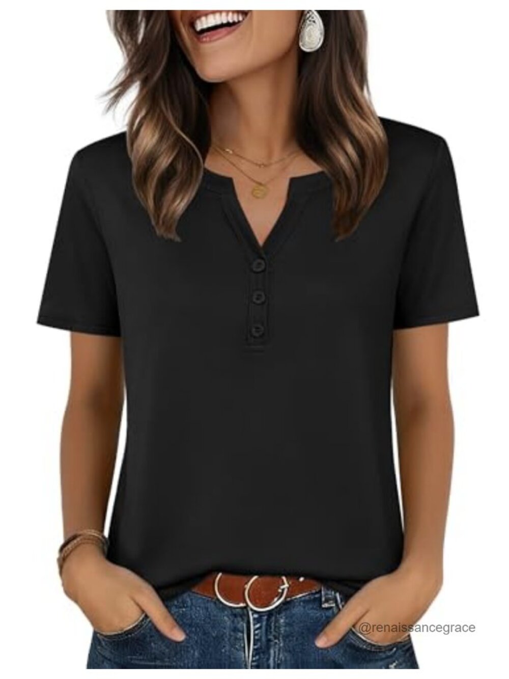 Women's V Neck Henley Short Sleeve T-Shirt Blouse Casual Top